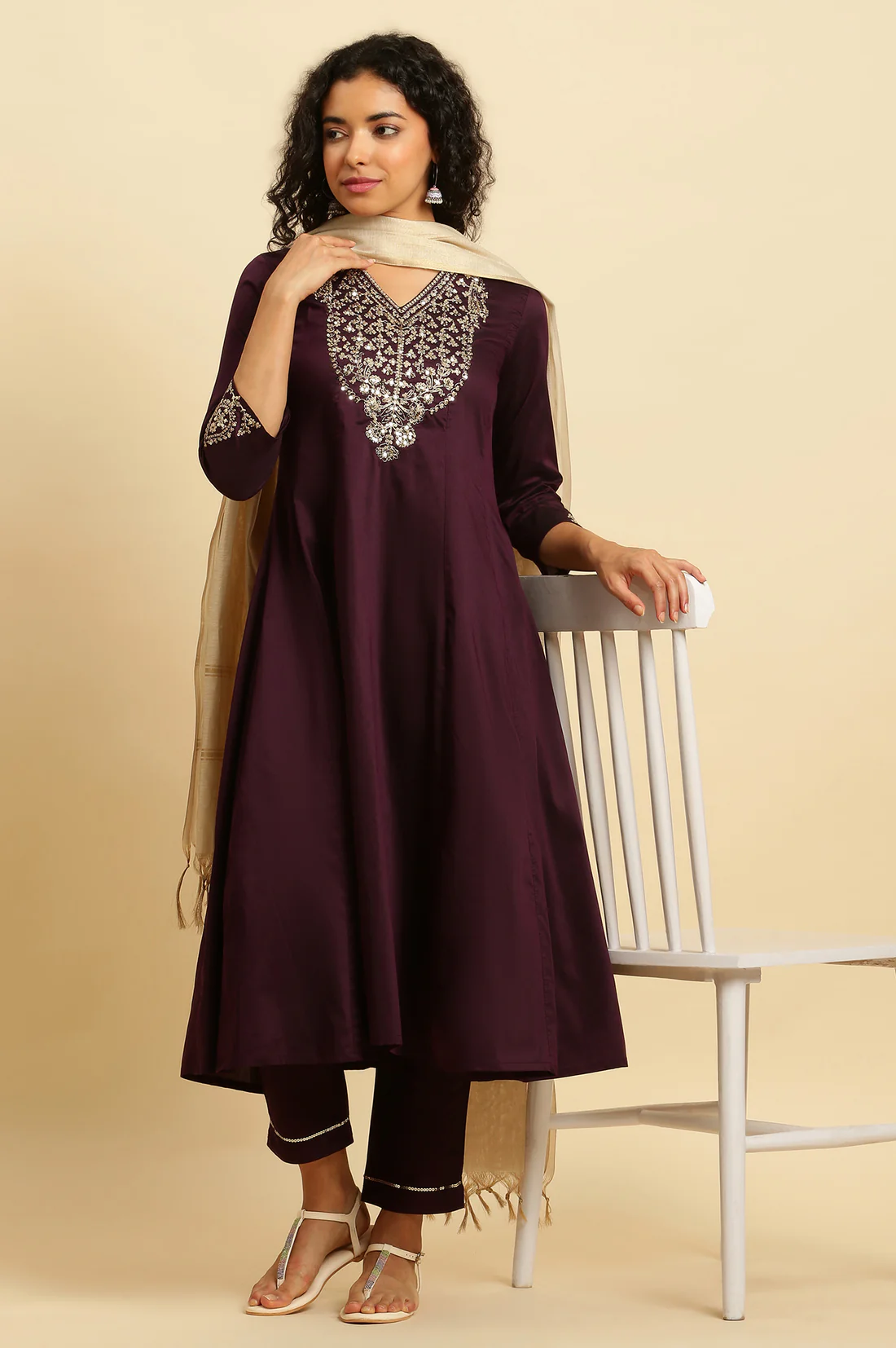 Purple Solid Metallic Embroidered Anarkali Kurta
